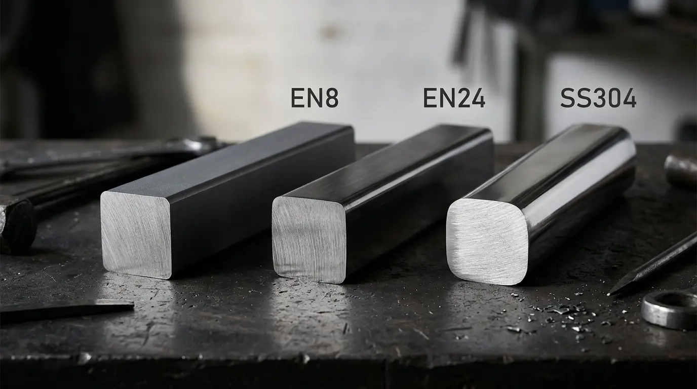 EN8 vs EN24 vs SS304 steel grade comparison showing three different steel bars with labels for strength, machinability, and corrosion resistance